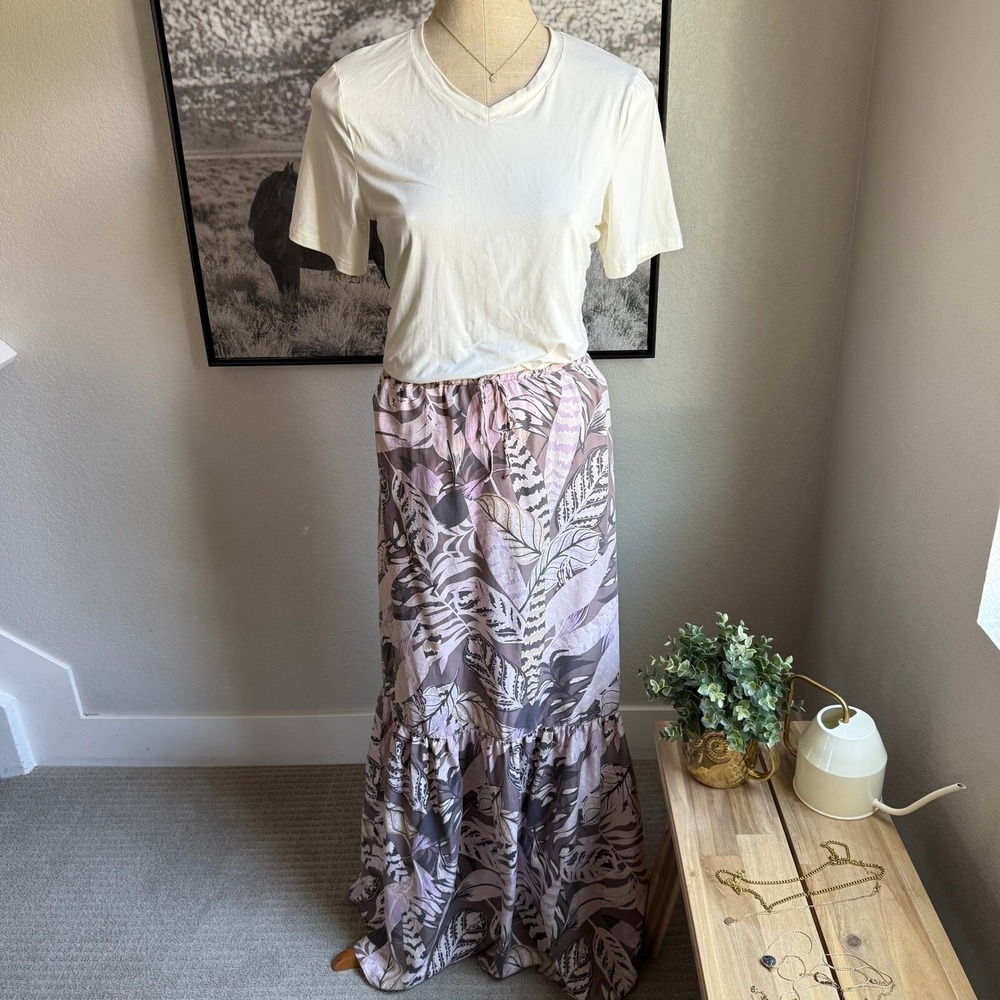 unsubscribed Maxi Skirt Floral Print Pink Purple Gray Boho Tiered Silk Size L